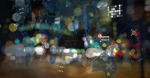 Glowing translucent map overlay pulsing over blurred nighttime city street, with Stock Photos