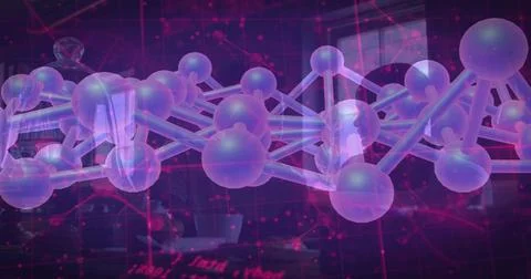 Glowing translucent molecular model filling dim lab, showing two coworkers Illustrazione stock