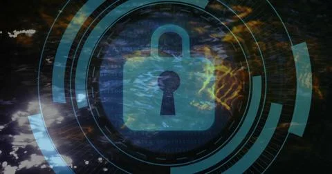 Glowing translucent padlock icon floating over reflective water, showing HUD 写真素材