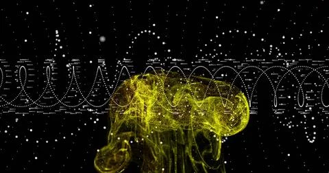 Glowing translucent yellow particle cloud pulsing in black void, with dotted Stock Illustration