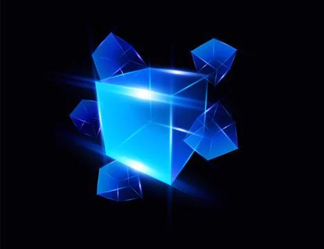Glowing transparent cube with small cubes in a circle, with rays, neon blue Stockillustratie