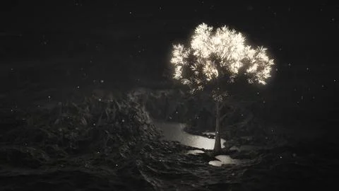 Glowing tree in the mountains. Particles flying in the air. 3d render. Stock Illustration