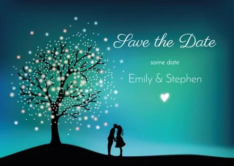 Glowing tree on the night sky with pair in love Stock Illustration