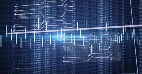 Glowing trend line slicing on deep blue candlestick grid, with numeric columns, Stock Illustration