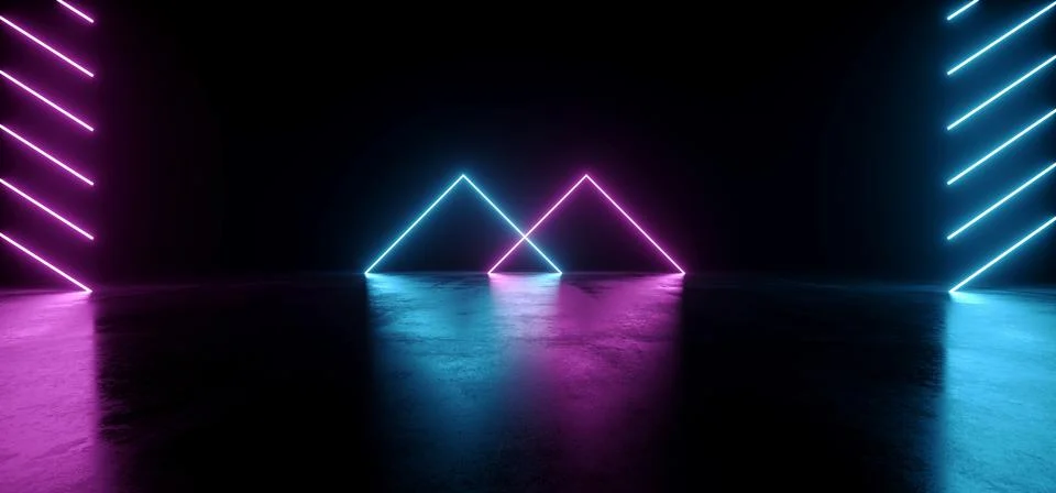 Glowing Triangle Arc Gate Neon Laser Blue Purple Warehouse beams Studio Light Illustrazione stock