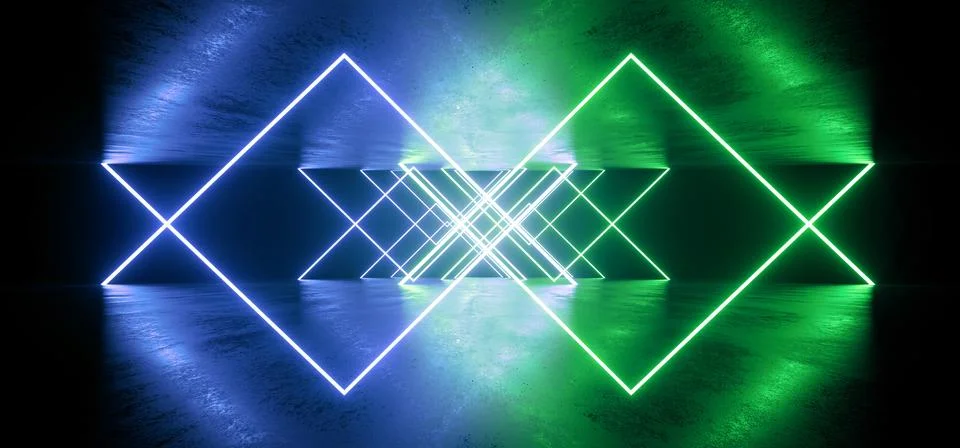 Glowing Triangle Arc Gate Neon Laser Blue Green Warehouse beams Studio Lights Illustrazione stock