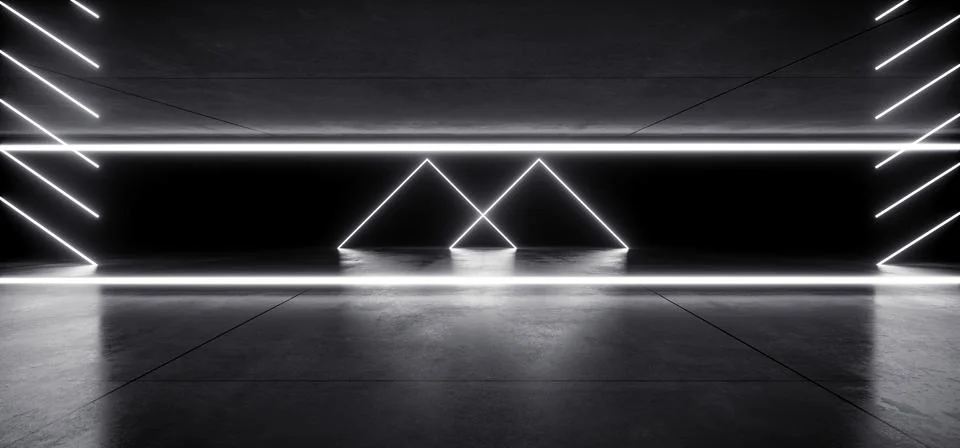 Glowing Triangle Arc Gate Neon Laser White Warehouse beams Studio Lights Indu Illustrazione stock