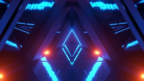 Glowing triangle space ship temple tunnel corridor in futuristic sci-fi style Stockbeeldmateriaal 122366003