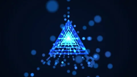 Glowing triangle tunnel with particles moving towards. Neon triangle. Portal Stock Footage 308102036