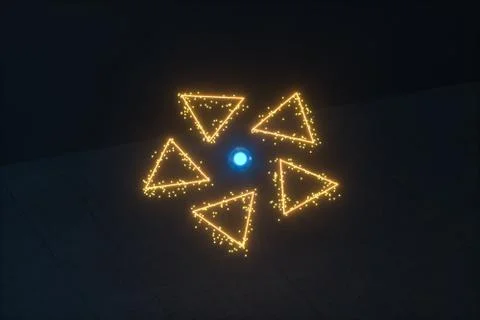 Glowing triangles and particles with dark background, 3d rendering. Stock Illustration