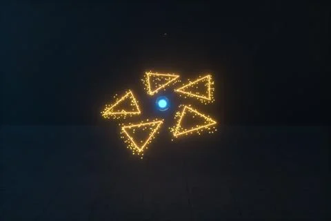 Glowing triangles and particles with dark background, 3d rendering. Stock Illustration