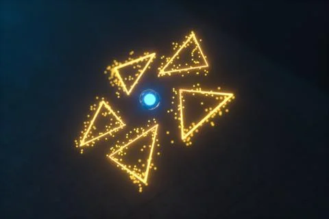 Glowing triangles and particles with dark background, 3d rendering. Stock Illustration