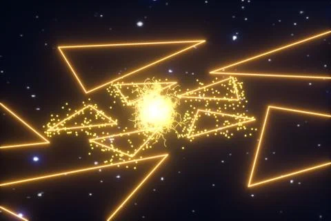 Glowing triangles and particles with dark background, 3d rendering. Stock Illustration