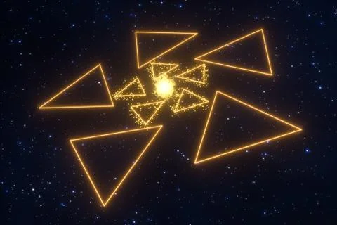 Glowing triangles and particles with dark background, 3d rendering. Stock Illustration