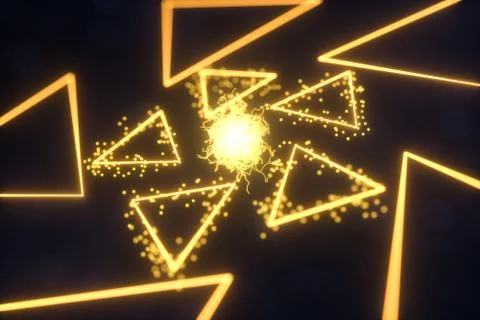 Glowing triangles and particles with dark background, 3d rendering. Stock Illustration
