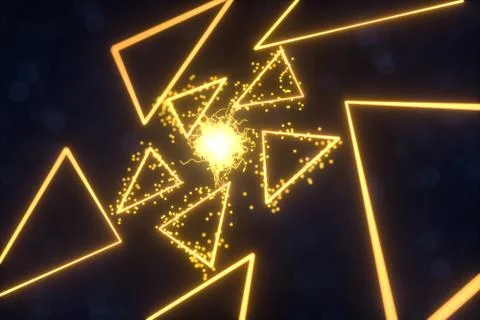 Glowing triangles and particles with dark background, 3d rendering. Stock Illustration