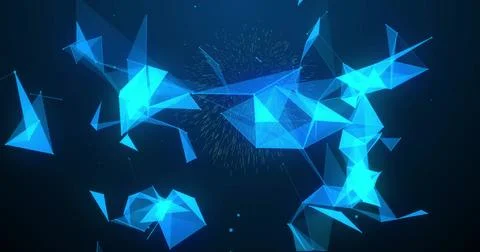 Glowing triangular facets floating in virtual navy field, with wireframe lines Illustrazione stock