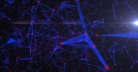 Glowing triangular mesh connecting in virtual space, with blue lines, red nodes Stock Photos