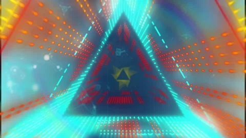 Glowing triangular shape with star animation over colorful light beams and dots Stock Footage 304256693