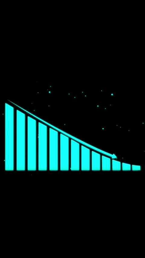 Glowing turquoise bar chart with descending trend line. Declining growth, a.. Stock Footage 344861398