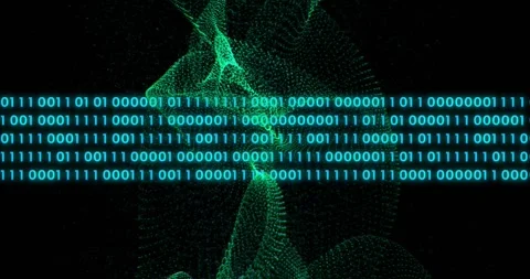 Glowing turquoise binary digits streaming across dark void with swirling green Stock Footage 330878501