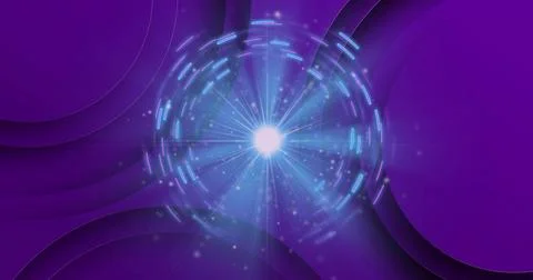 Glowing turquoise-blue orb emitting radial beams over purple cutouts, with Fotos Stock