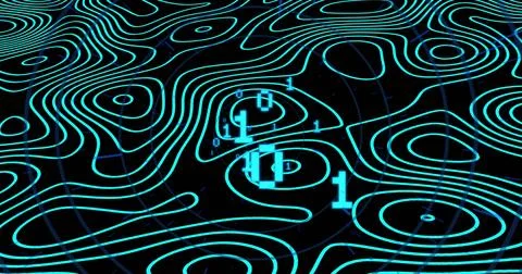 Glowing turquoise contour lines creating layered radar loops in black void, with 스톡 일러스트