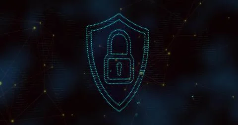 Glowing turquoise dotted shield floating in virtual network lines, with padlock Stock Photos