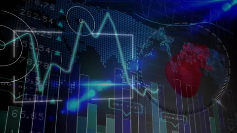Glowing turquoise line graph tracing peaks and dips over dotted world map Stock Footage 307859322