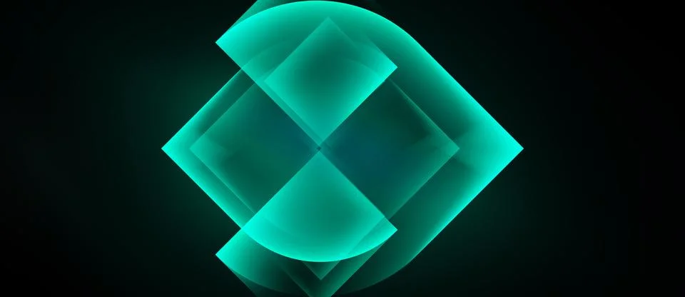 Glowing turquoise squares overlap, creating abstract diamond shape. Dark Stock Illustration