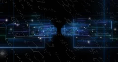 Glowing twin neon frames forming narrow gap in virtual lab, with particles an Illustrazione stock