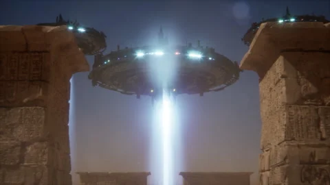 Glowing UFOs Hover Above Ancient Pharaonic Temple, Enchanting Light Show Ill Stock Footage 291415619