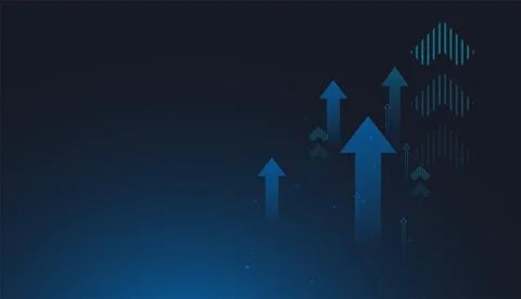 The glowing upward arrow surrounded by digital elements symbolizes futurist.. Stock Illustration
