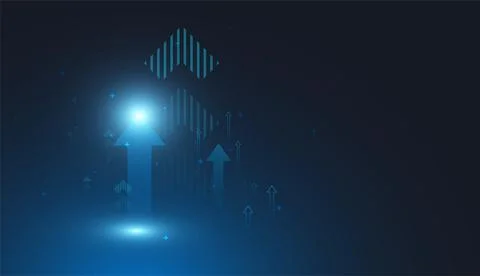 A glowing upward arrow surrounded by digital elements symbolizes futuristic.. Stock Illustration