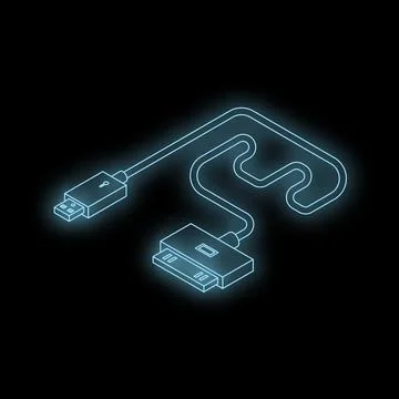 Glowing usb cable connecting to a 30 pin dock connector in dark environment Stock Illustration