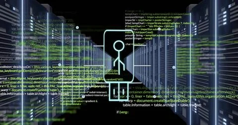 Glowing user profile hologram floating at center of data center corridor, with Stock Illustration