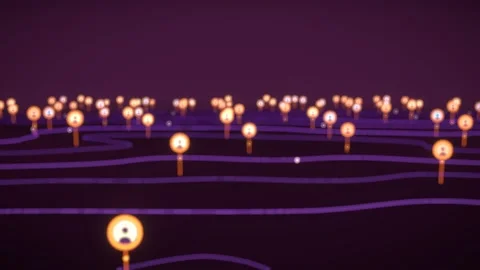 Glowing user profile icons on stems connected by purple data lines receding Vídeo Stock 344638343