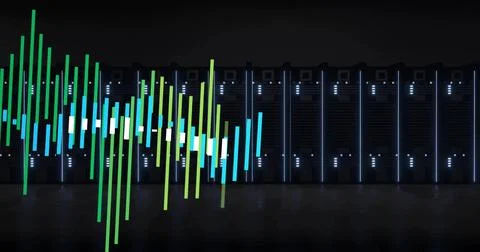 Glowing vertical-bar waveform overlaying aisle of rack-mounted servers at data 스톡 일러스트