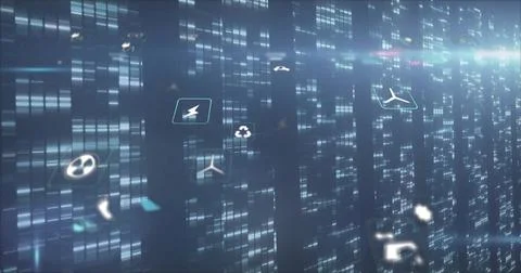 Glowing vertical data wall showing floating bolt, recycling, wind icons in di Stock Illustration