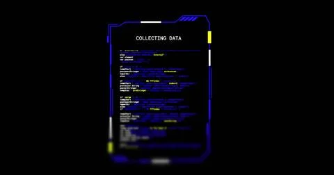 Glowing vertical digital panel showing COLLECTING DATA on black, neon blue Stock Photos