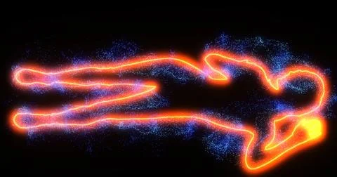 Glowing vertical red silhouette of a dancing woman. Blue particles circle in Illustrazione stock