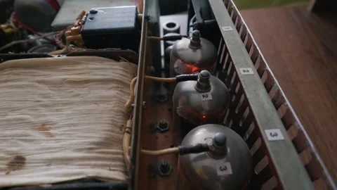 Glowing Vintage Vacuum Tubes Inside Homemade Audio Amplifier Chassis Stock Footage 334130619
