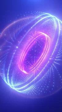 Glowing violet and blue digital sphere emitting light rays and dotted reflect Stockillustratie