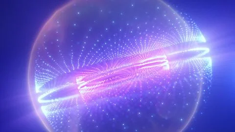 Glowing violet and blue digital sphere emitting light rays Stock Illustration
