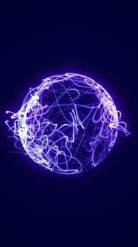Glowing violet light trails and dotted paths form an abstract spherical net.. Stock Illustration