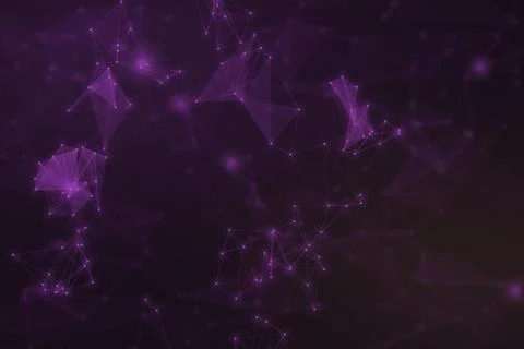 Glowing violet nodes, wireframe clusters, and transparent triangular surfac.. Stock Illustration