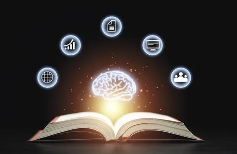 Glowing virtual brain floats above an open book with leaning icons on dark .. Stock Photos
