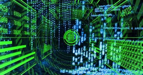 Glowing virtual data corridor flowing code, showing HUD reticle, numeric panels, Stock Illustration