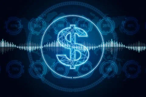 Glowing virtual screen with dollar symbol, stock data and percentage charts. Stock Illustration