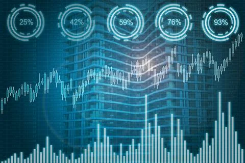 Glowing virtual screen with spreadsheet, stock and percentage charts Stock Photos